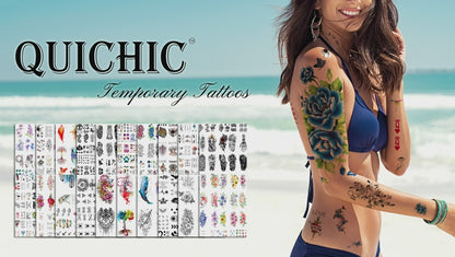 Quichic 60 Designs Flower Tattoos Temporary Realistic Large Flower Tattoos for Women Sexy Floral Blossom Branch Temporary Tattoo for Adults Girls Long Lasting Fake Tattoos Flower for Neck Hand