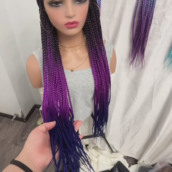 Rainbow Ombre Long Box Braided Synthetic Wig With Silver Baseball Cap Braids Hair Extensions For Women Party Use