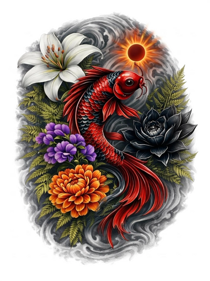 Iridescent Koi Fish Tattoo Design PNG Floral Japanese Style Wall Art Printable T Shirt Graphic Blue Flowers Purple Lily