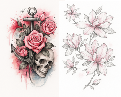 Eternal Bloom Anchor of Souls tattoo set with floral skulls roses anchors feathers for cosplay beachwear parties and bold everyday style