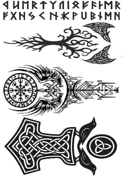 Viking Temporary Tattoo Set Norse Runes Vegvisir Compass Helm of Awe Nordic Warrior Designs for Cosplay LARP Festivals and Reenactments