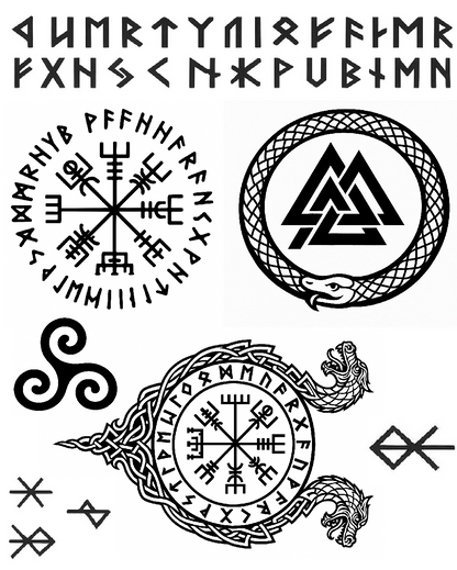 Viking Temporary Tattoo Set Norse Runes Vegvisir Compass Helm of Awe Nordic Warrior Designs for Cosplay LARP Festivals and Reenactments