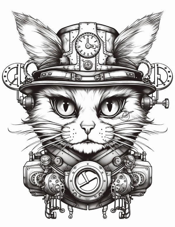 210+ Steampunk Cat High-quality Coloring Sheet Pages 300dpi Kids and Adults Lifetime Access Can be Resized Instant Digital Download