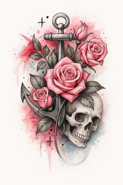Eternal Bloom Anchor of Souls tattoo set with floral skulls roses anchors feathers for cosplay beachwear parties and bold everyday style