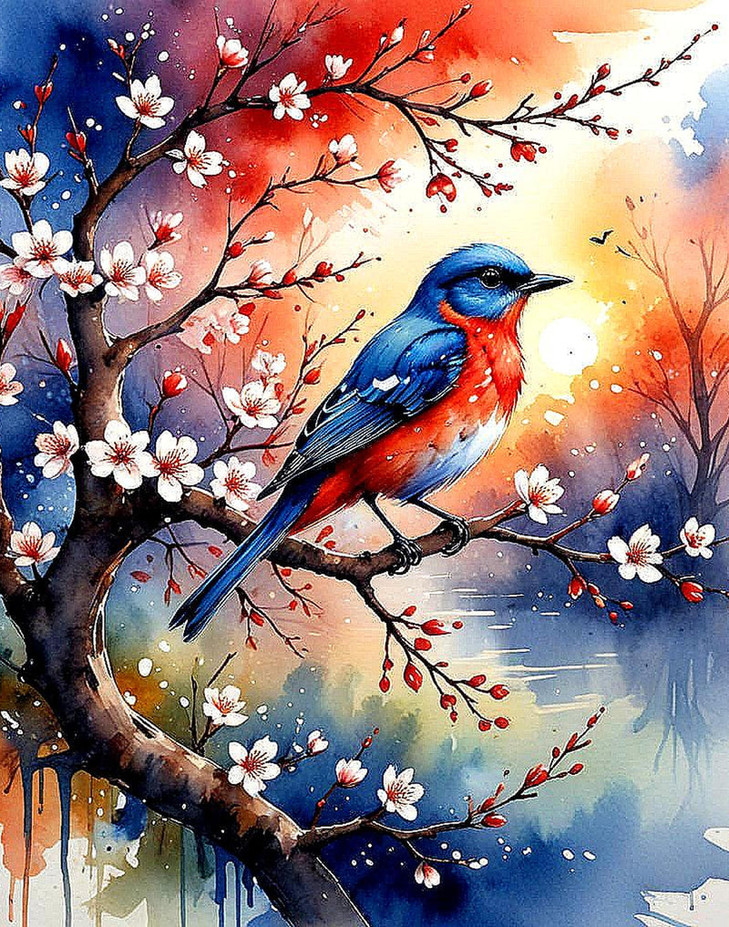 Twilight Songbird in Bloom – Watercolor Bluebird Digital Art Print – Cherry Blossom Tree Sunset Painting – Instant Download DIY Wall Decor