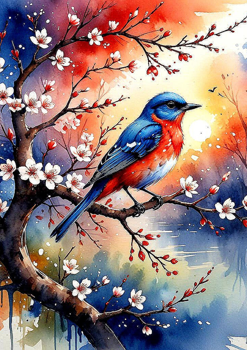 Twilight Songbird in Bloom – Watercolor Bluebird Digital Art Print – Cherry Blossom Tree Sunset Painting – Instant Download DIY Wall Decor