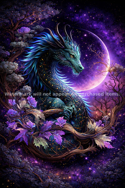 Mystical Dragon Wall Art Set of Four Fantasy Celestial Dragon Prints Enchanted Forest Artwork Magical Dragon Digital Download