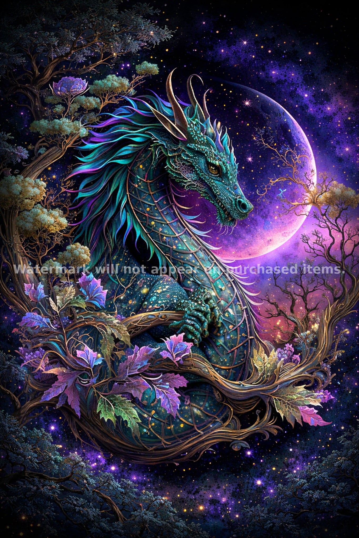 Mystical Dragon Wall Art Set of Four Fantasy Celestial Dragon Prints Enchanted Forest Artwork Magical Dragon Digital Download
