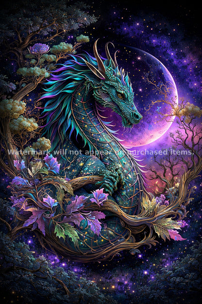 Mystical Dragon Wall Art Set of Four Fantasy Celestial Dragon Prints Enchanted Forest Artwork Magical Dragon Digital Download