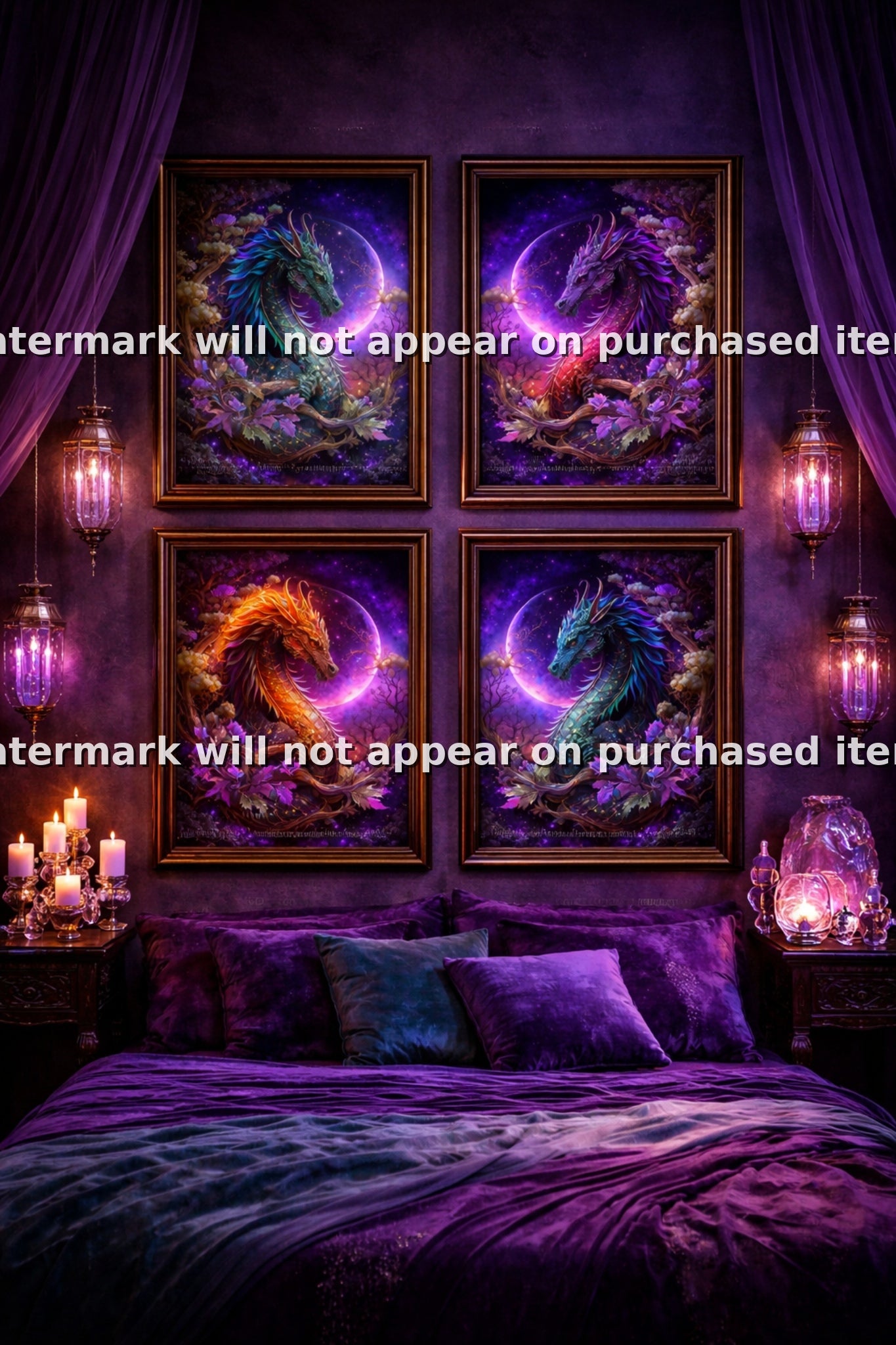 Mystical Dragon Wall Art Set of Four Fantasy Celestial Dragon Prints Enchanted Forest Artwork Magical Dragon Digital Download