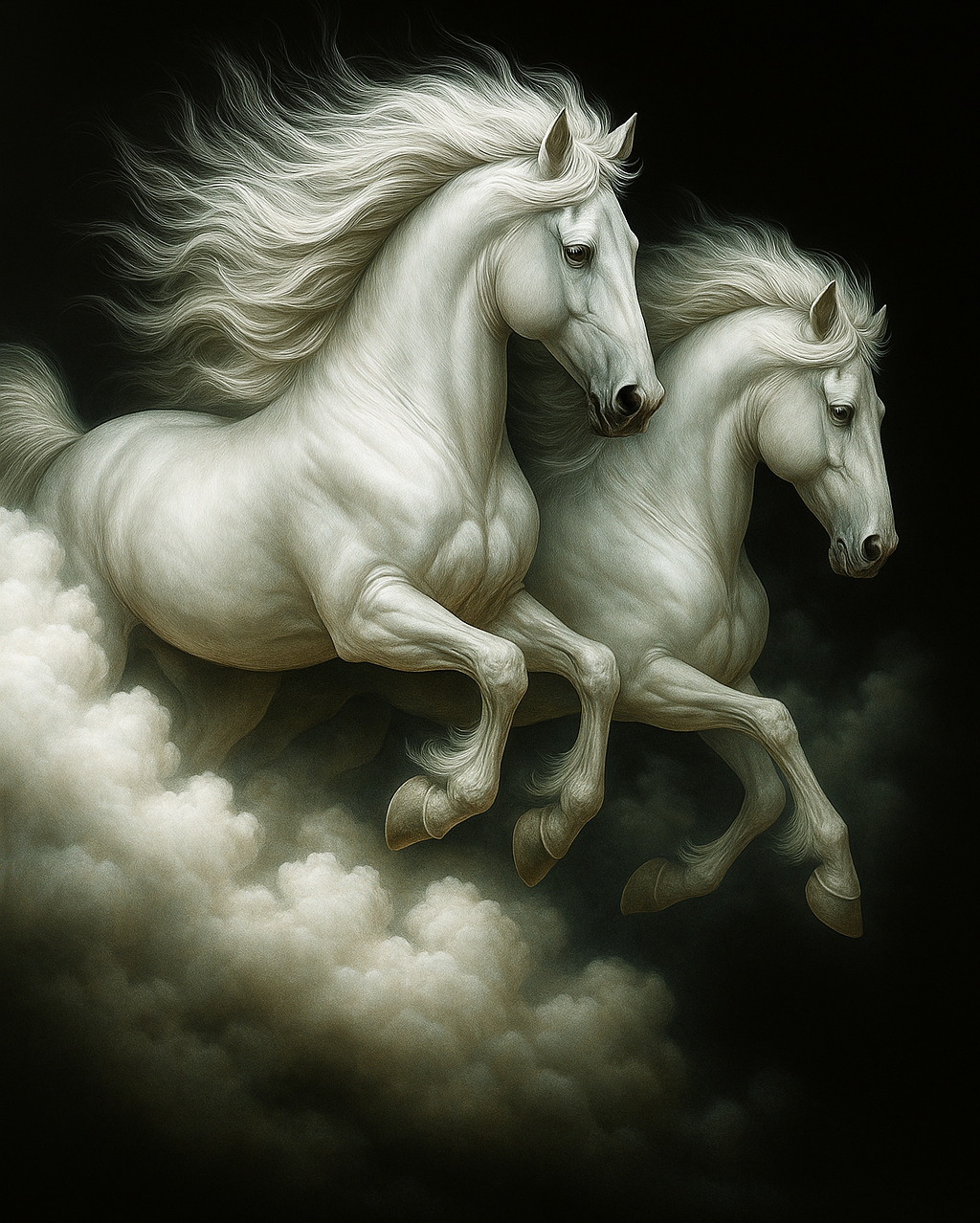 Heaven’s Charge Majestic White Stallions Galloping Through Clouds Printable Fantasy Horse Art Digital Download Equestrian Decor