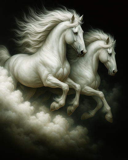 Heaven’s Charge Majestic White Stallions Galloping Through Clouds Printable Fantasy Horse Art Digital Download Equestrian Decor