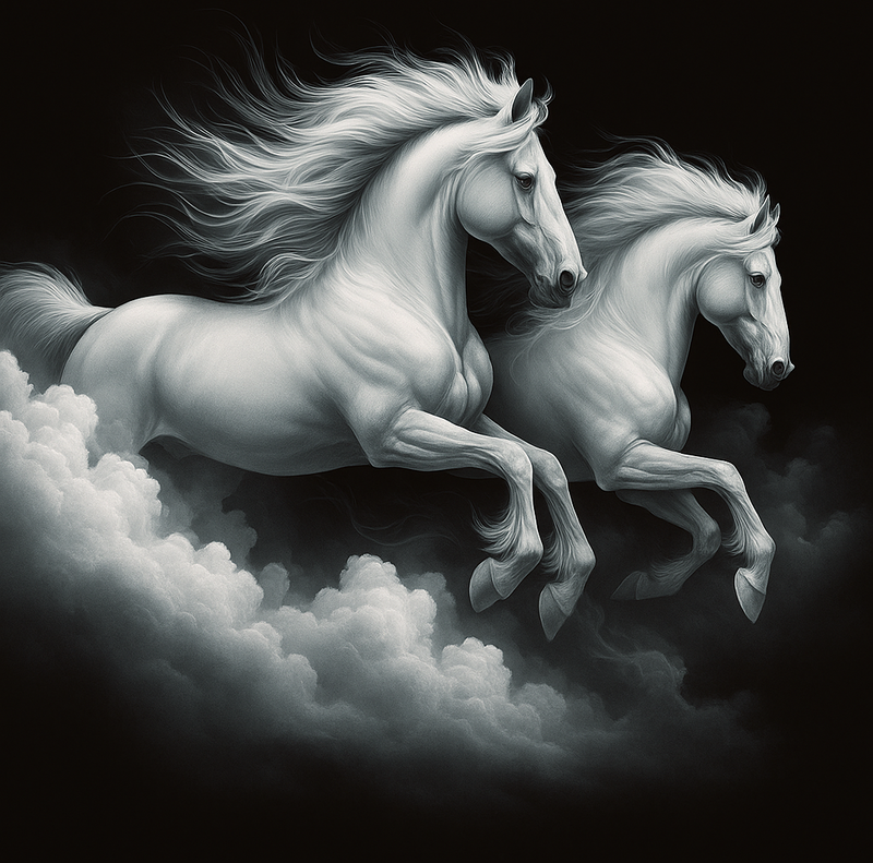 Heaven’s Charge Majestic White Stallions Galloping Through Clouds Printable Fantasy Horse Art Digital Download Equestrian Decor