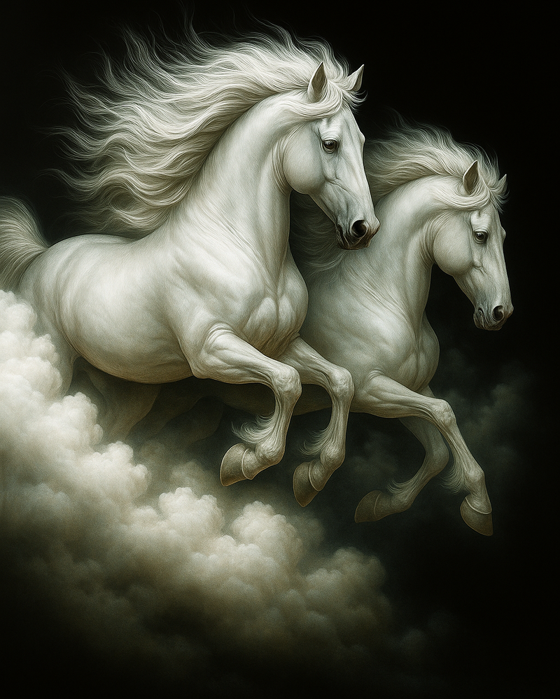 Heaven’s Charge Majestic White Stallions Galloping Through Clouds Printable Fantasy Horse Art Digital Download Equestrian Decor