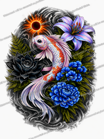 Iridescent Koi Fish Tattoo Design PNG Floral Japanese Style Wall Art Printable T Shirt Graphic Blue Flowers Purple Lily