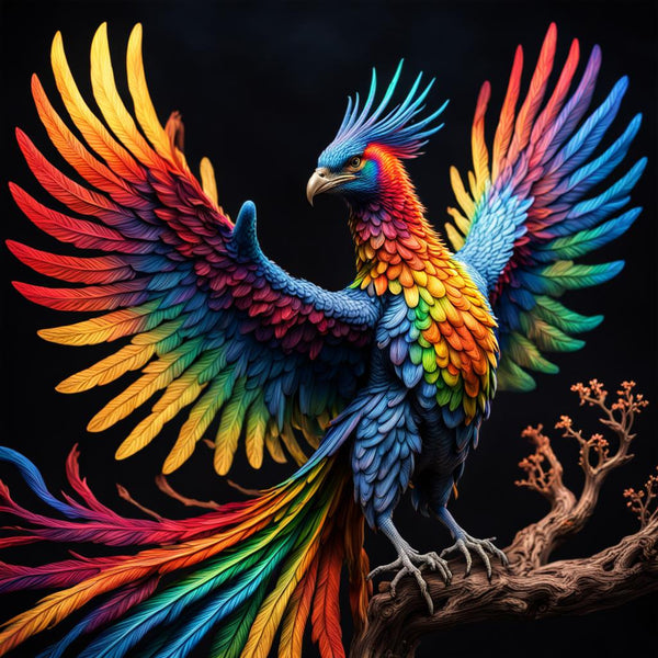 Rainbow Painted Bird of Prey Featured on a Black Page - High Resolution Versatile Digital Instant Download Fairycore Cottagecore DIY Crafts