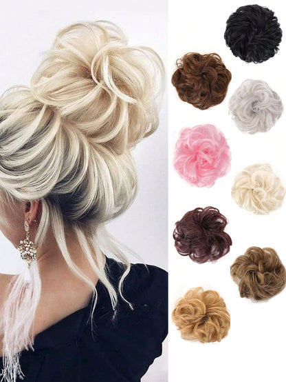 Messy Bun Hair Curls Synthetic Wavy bun ponytail Hair Extensions Thick updo Bun Women Girls 6 inch, pale grayish brown and bleached blonde
