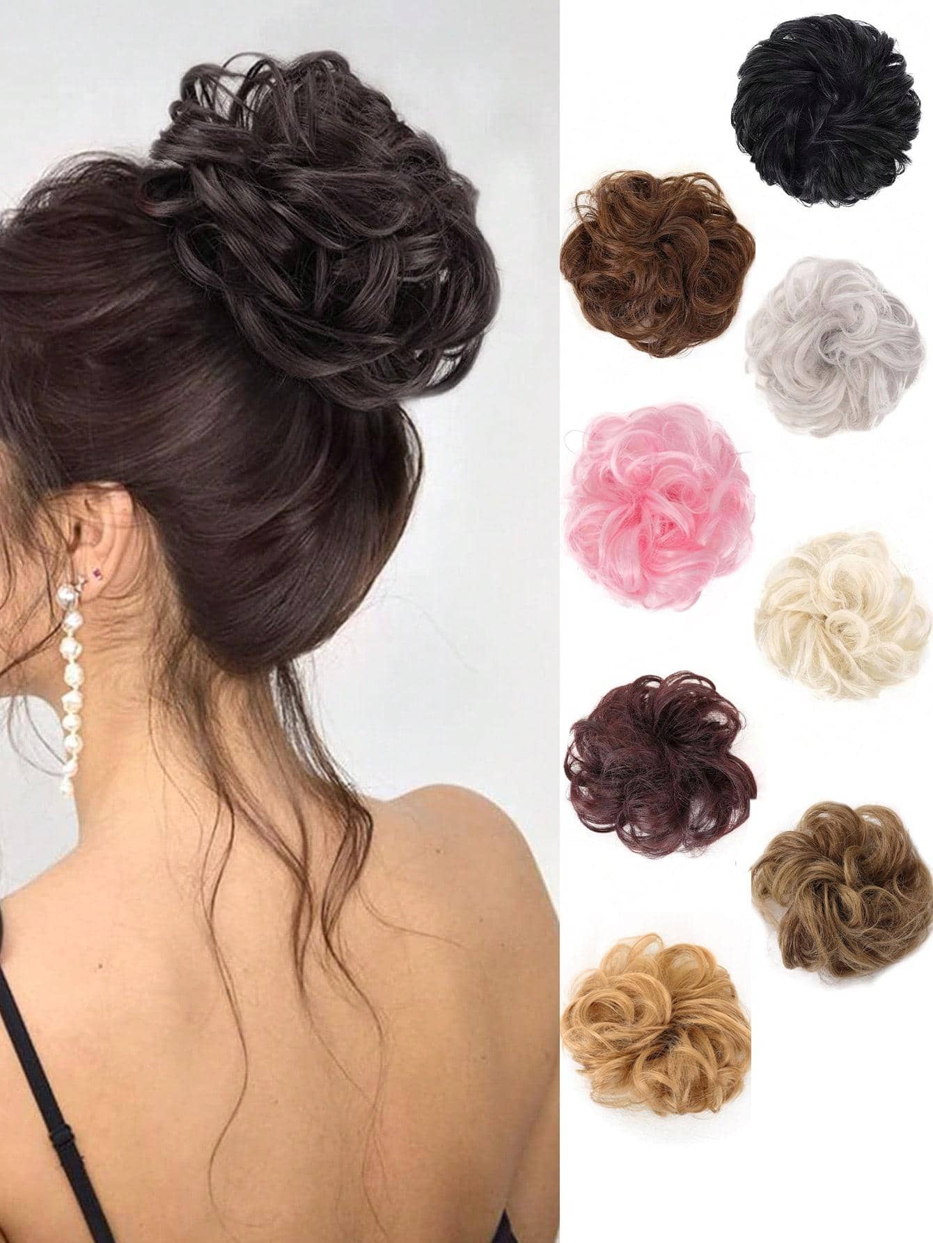 Messy Bun Hair Curls Synthetic Wavy bun ponytail Hair Extensions Thick updo Bun Women Girls 6 inch, pale grayish brown and bleached blonde