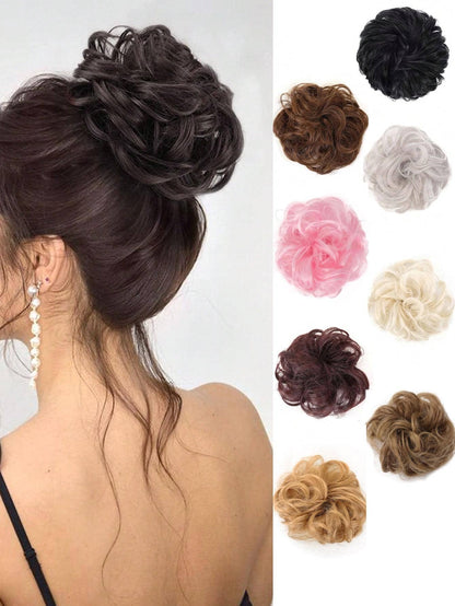 Messy Bun Hair Curls Synthetic Wavy bun ponytail Hair Extensions Thick updo Bun Women Girls 6 inch, pale grayish brown and bleached blonde
