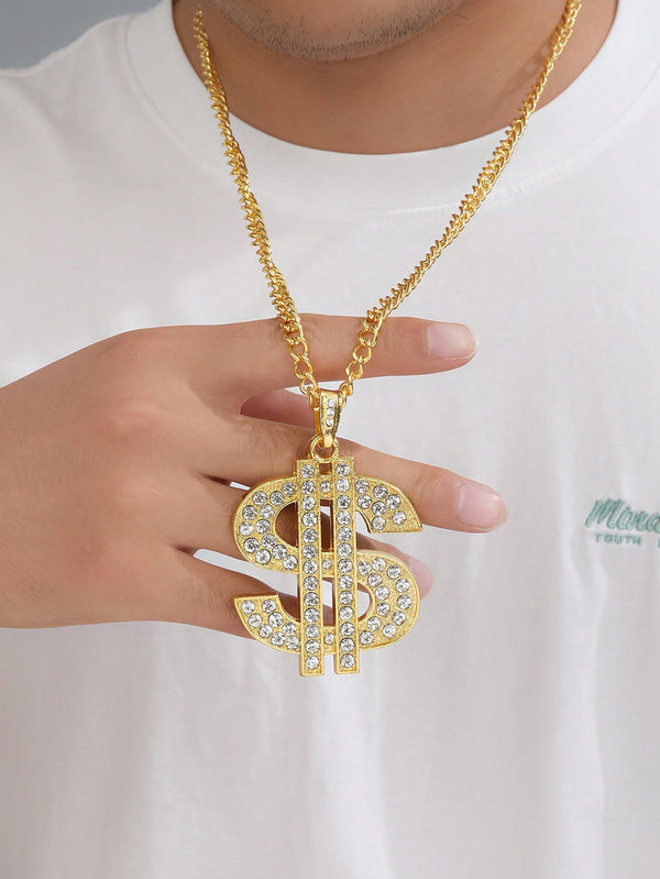 Gold Plated Dollar Sign Pendant Necklace Embellished With Rhinestones, Suitable For Daily Wear