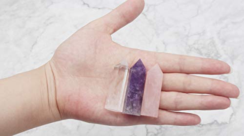 Healing Crystal Wands | 2" Amethyst Crystal, Clear Quartz Crystal Wand & Rose Quartz Crystal Points| 6 Faceted Reiki Chakra Meditation Therapy (3 pcs)