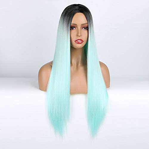 Mint Green Black Roots Ombre Cosplay Costume Full Wig