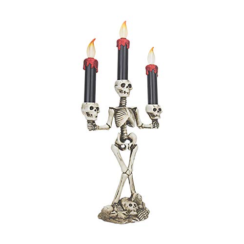 Triple LED Halloween Candles Flameless and Skeleton Candle Holder Stand for Skull Halloween Decoration and Haunted House Decor