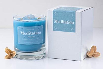 My Lumina Meditation Aromatherapy Candle w/ Clear Quartz Crystal Inside, Beach Sage Relaxing Calming Positive Peace Energy, Soy Wax Blue Scented Candle for Home,Bath,Bathroom,Yoga,Self Care,Gift,Women