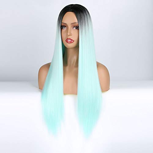 Mint Green Black Roots Ombre Cosplay Costume Full Wig