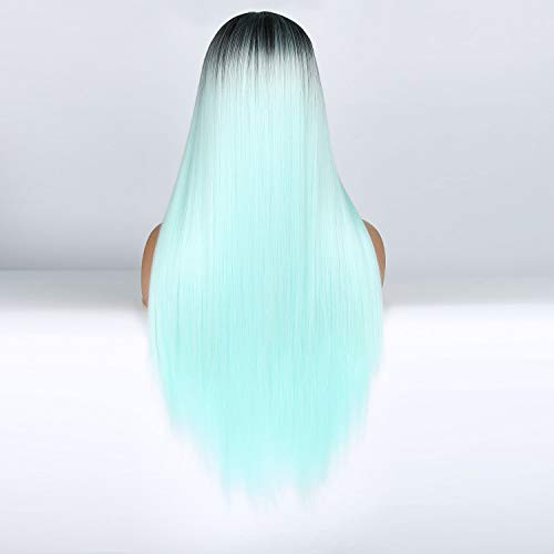 Mint Green Black Roots Ombre Cosplay Costume Full Wig