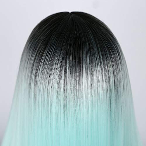 Mint Green Black Roots Ombre Cosplay Costume Full Wig