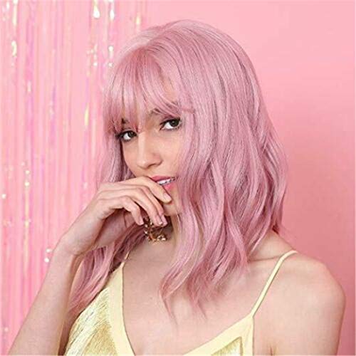 Natural Curly Dusty Rose Pink Wig With Bangs