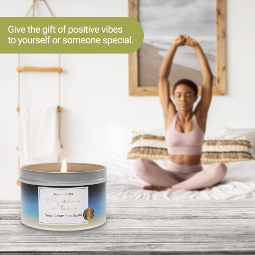 MAGNIFICENT 101 Affirmations Sage, Cedar, Palo Santo, Sprinkle of sage Leaves Smudge Candle for House Energy Cleansing, Banishes Negative Energy - Natural Soy Wax Tin Candle (My Order is ON ITS Way)