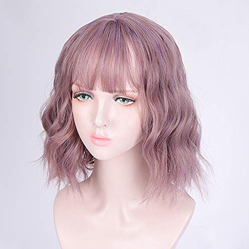 Mixed Taro Purple Gray Wavy Ombre Synthetic Human Hair Feel Heat Resistant Synthetic Wig with Full Customizable Air Bangs Mermaid Cosplay
