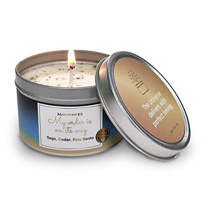 MAGNIFICENT 101 Affirmations Sage, Cedar, Palo Santo, Sprinkle of sage Leaves Smudge Candle for House Energy Cleansing, Banishes Negative Energy - Natural Soy Wax Tin Candle (My Order is ON ITS Way)