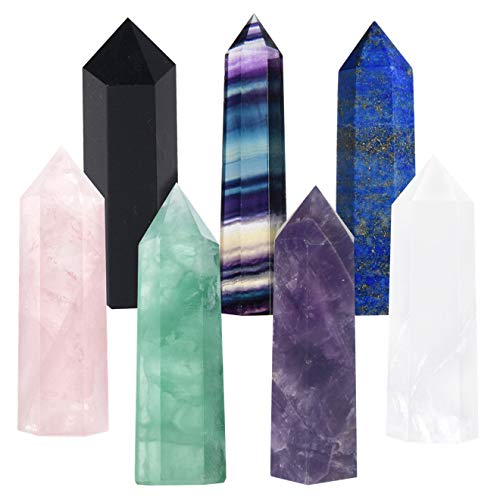 7 PCS Healing Crystal Wands | 2" Amethyst, Rose Quartz,Clear Quartz,Black Obsidian,Green Fluorite, Lapis Lazuli,Rainbow Fluorite| 6 Faceted Reiki Chakra Meditation Therapy