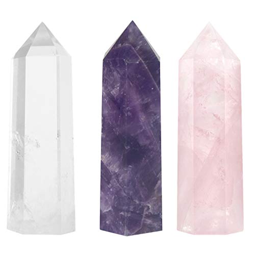 Healing Crystal Wands | 2" Amethyst Crystal, Clear Quartz Crystal Wand & Rose Quartz Crystal Points| 6 Faceted Reiki Chakra Meditation Therapy (3 pcs)