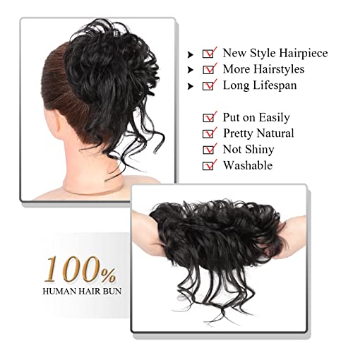 100% Human Messy Hair Bun Scrunchies Ponytail Extension Human Hair Tousled Updo Chignon Hair Piece Natural Black