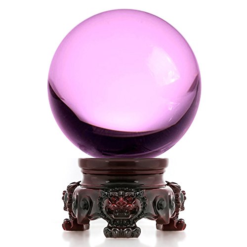 Pink Crystal Ball with Redwood Lion Resin Stand 