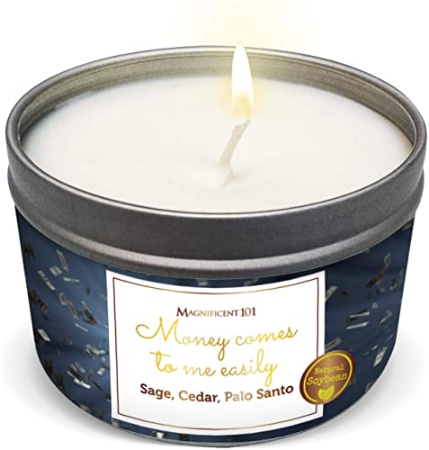 Magnificent 101 Affirmations Sage, Cedar, Palo Santo, sprinkle of sage leaves Smudge Candle for House Energy Cleansing, Banishes Negative Energy - Natural Soy Wax Tin Candle (MONEY COMES TO ME EASILY)
