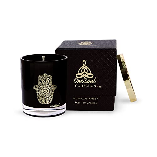 Moroccan Amber Aromatherapy Candle, Woody & Captivating Scented Candles, Luxury Candles Scented with Hamsa Design, Hand-Poured Soy Candle, 50 Hours Burn Time, 7.6 oz. - OneSoul Collection