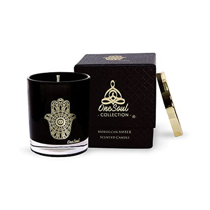 Moroccan Amber Aromatherapy Candle, Woody & Captivating Scented Candles, Luxury Candles Scented with Hamsa Design, Hand-Poured Soy Candle, 50 Hours Burn Time, 7.6 oz. - OneSoul Collection