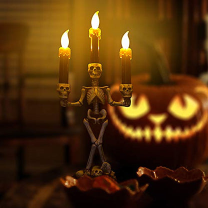 Triple LED Halloween Candles Flameless and Skeleton Candle Holder Stand for Skull Halloween Decoration and Haunted House Decor