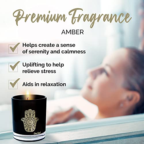 Moroccan Amber Aromatherapy Candle, Woody & Captivating Scented Candles, Luxury Candles Scented with Hamsa Design, Hand-Poured Soy Candle, 50 Hours Burn Time, 7.6 oz. - OneSoul Collection