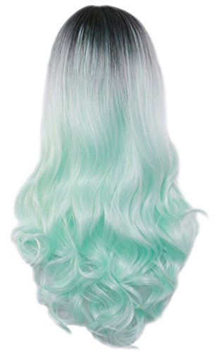 Black and Green Ombre Dark Roots Heat Resistant Full Wig