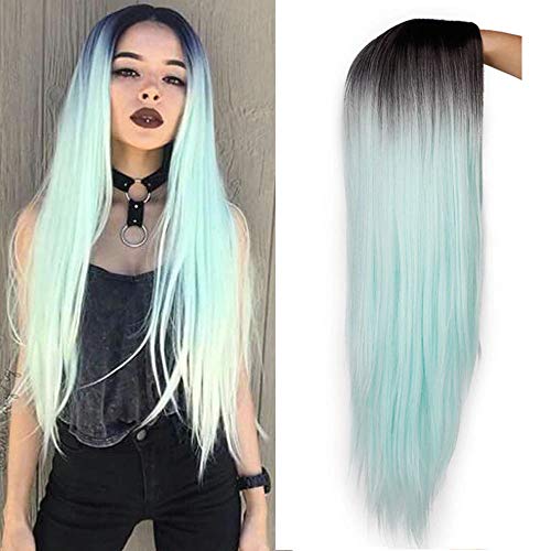 Mint Green Black Roots Ombre Cosplay Costume Full Wig