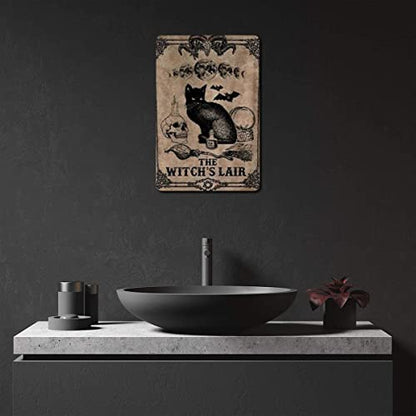 Black Cat The Witch's Lair | Black Cat Lover Gift | Kitchen Decor Bar Bathroom Garden Home Outdoor Decoration | Metal Tin Signs 8 x 12 Inch