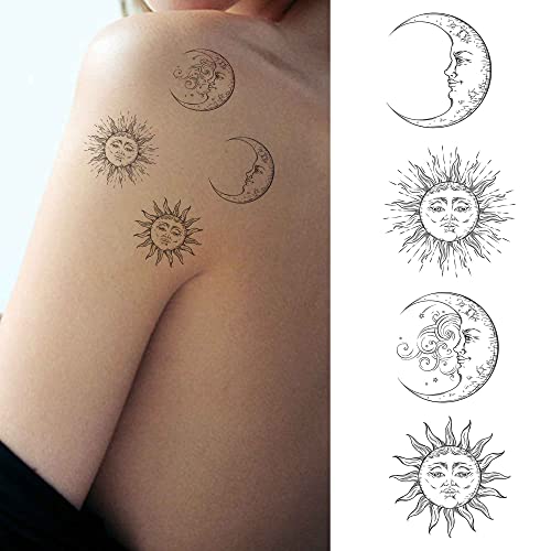 Stars 6 Sheets Temporary Tattoos for Women Adults Boho Flash Design Art Sun Moon Antique Style Temporary tattoo for Men for Woman Neck Arm