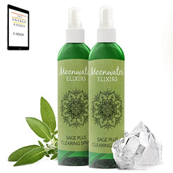 Sage Spray for Cleansing Negative Energy | Moon Water for Energy Cleansing | Great Negative Energy Protection | 2 Clear Quartz Crystals + Ebook to Maximize Potential | Moonwater Elixirs 2 pack (16oz)