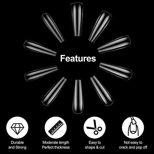 Clear Coffin False Nail Tips - Tiphulan Nail Tips and Glue with Box, 500pcs Full Cover Fake Nails, Clear Acrylic Nail Tips, Ballerina Shape False Nails with Glue for Nail Salon & Home, 10 Sizes